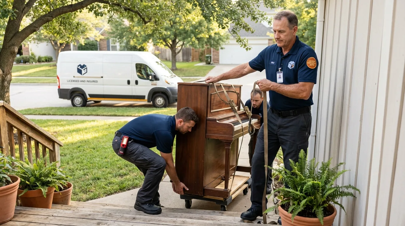 Licensed piano movers securing grand piano in Meredosia, IL