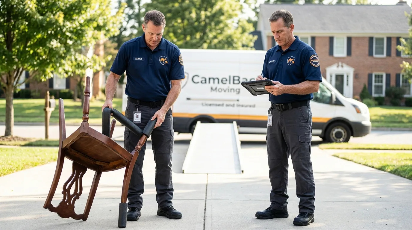 Movers inspecting furniture for damage prevention before loading in Meredosia, IL