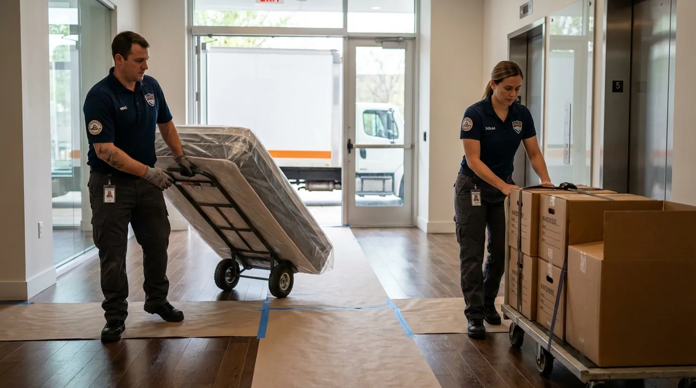 Professional apartment movers loading elevator in Meredosia, IL